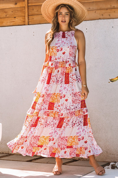 Boho Geometric Floral Print Maxi Dress