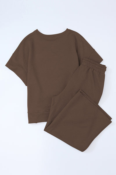Brown Textured Tee and Pants Set