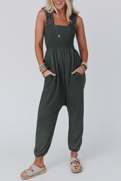 Gray Smocked Jumpsuit
