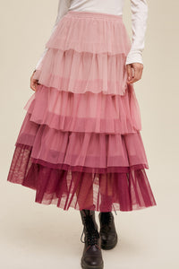 Pink Ruffle Mesh Maxi Skirt