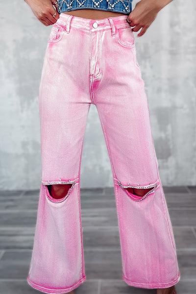 Pink Rhinestone Wide Leg Jeans