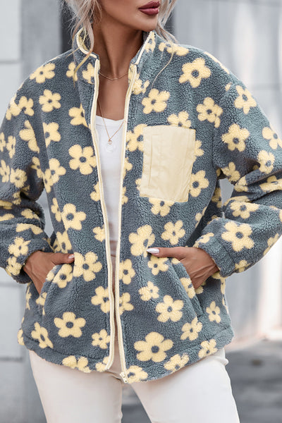 Gray Sherpa Floral Zip-Up