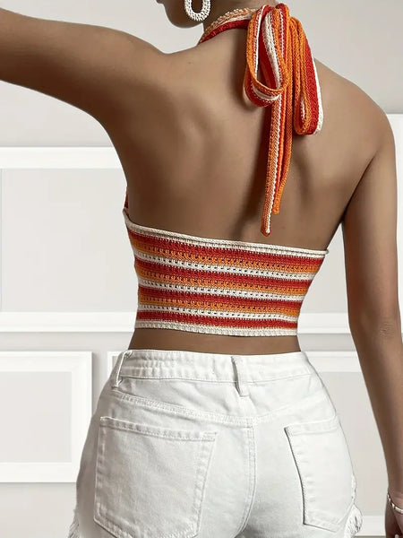 Orange Stripe Crochet Halter Top