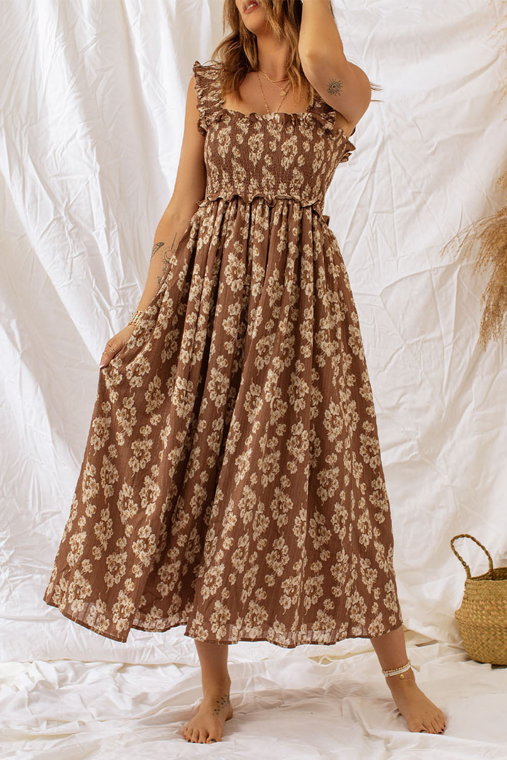 Brown Ruffled Floral Maxi Dress