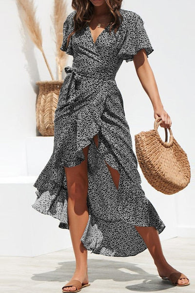 Black Boho Floral Print Belted Wrap Slit Maxi Dress