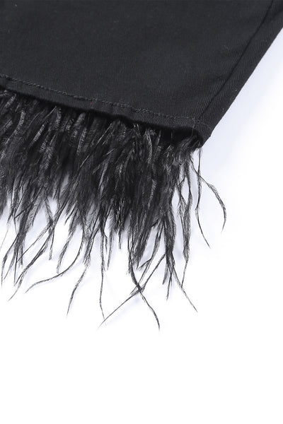 Black Feather Fringed Denim Skirt